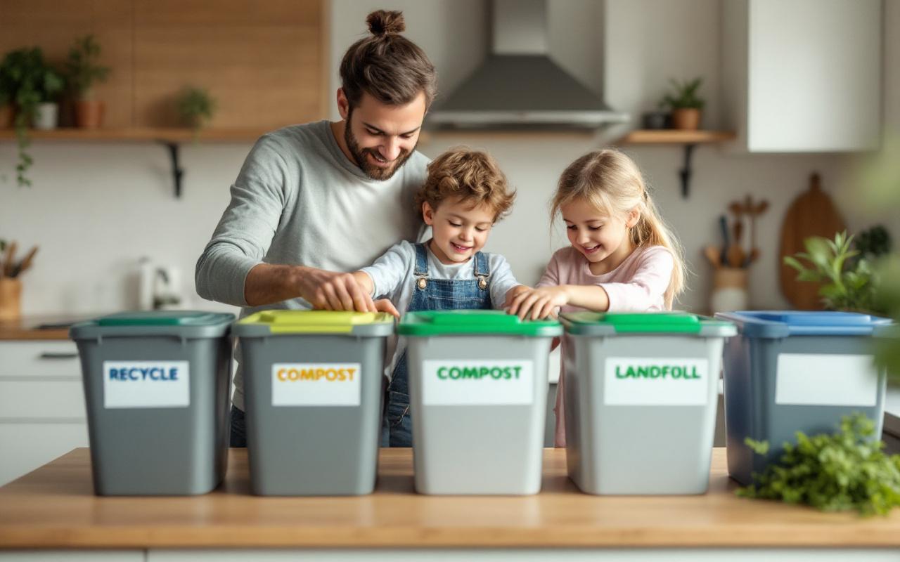 Une famille (parents et deux enfants) trie les déchets dans plusieurs bacs de cuisine étiquetés (recyclage, compost, ordure), dans une cuisine moderne et lumineuse, lumière matinale volumétrique, tons chauds avec touches de vert et bleu.