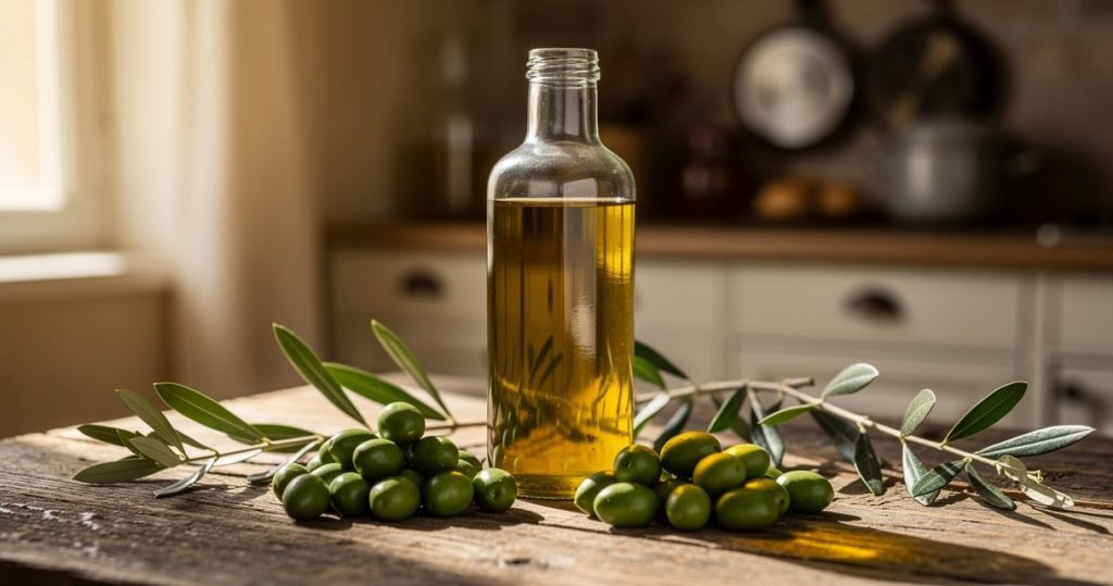 Bouteille d huile d olive dorée sur une table en bois avec des olives fraîches