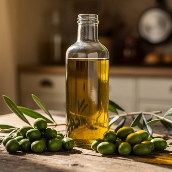 Bouteille d huile d olive dorée sur une table en bois avec des olives fraîches