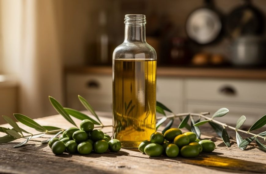 Bouteille d huile d olive dorée sur une table en bois avec des olives fraîches