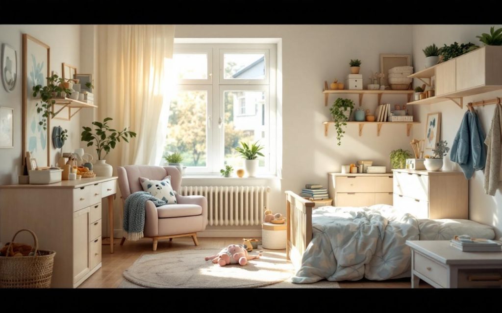 Chambre d’enfant lumineuse avec mobilier évolutif en bois clair, rangements pratiques et ambiance douce et fonctionnelle, éclairage naturel du matin.