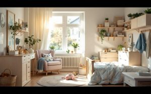 Chambre d’enfant lumineuse avec mobilier évolutif en bois clair, rangements pratiques et ambiance douce et fonctionnelle, éclairage naturel du matin.