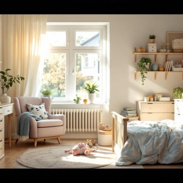 Chambre d’enfant lumineuse avec mobilier évolutif en bois clair, rangements pratiques et ambiance douce et fonctionnelle, éclairage naturel du matin.