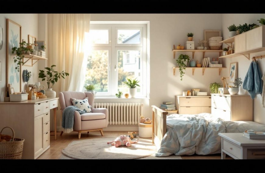 Chambre d’enfant lumineuse avec mobilier évolutif en bois clair, rangements pratiques et ambiance douce et fonctionnelle, éclairage naturel du matin.
