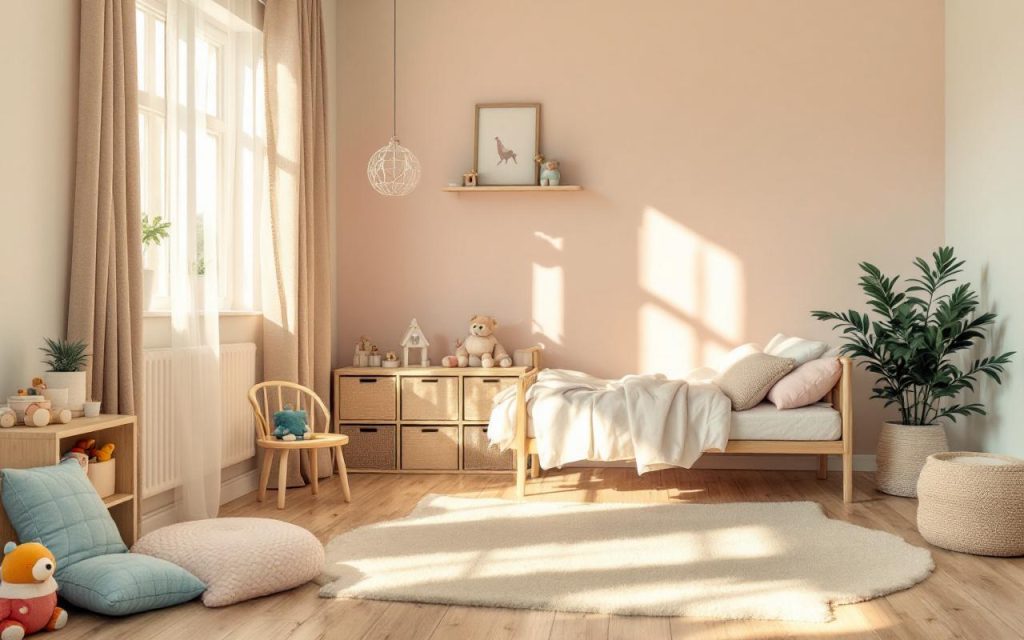 Chambre d’enfant douce et lumineuse avec du mobilier en bois clair, des rangements bas, des couleurs pastel et une ambiance chaleureuse baignée de lumière.