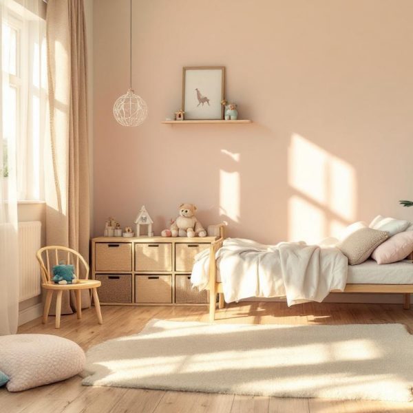 Chambre d’enfant douce et lumineuse avec du mobilier en bois clair, des rangements bas, des couleurs pastel et une ambiance chaleureuse baignée de lumière.