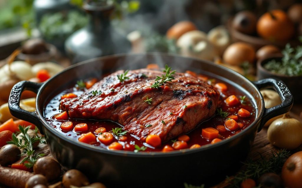 Un civet de sanglier mijotant dans une cocotte en fonte, avec une sauce au vin rouge, du thym et du laurier, entouré de légumes de marinade.