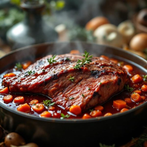 Un civet de sanglier mijotant dans une cocotte en fonte, avec une sauce au vin rouge, du thym et du laurier, entouré de légumes de marinade.