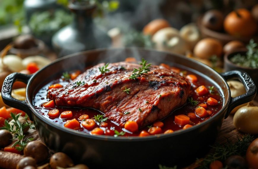 Un civet de sanglier mijotant dans une cocotte en fonte, avec une sauce au vin rouge, du thym et du laurier, entouré de légumes de marinade.