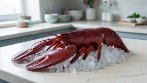 Langouste fraîche entière à la carapace brillante, posée sur un lit de glace dans une cuisine élégante éclairée par une lumière naturelle douce.