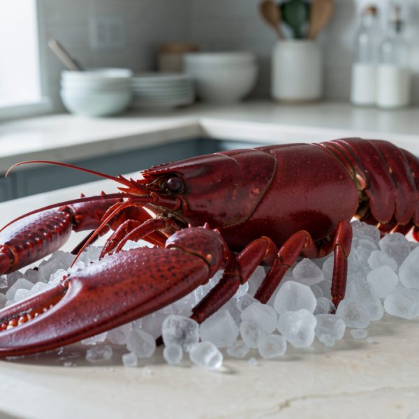 Langouste fraîche entière à la carapace brillante, posée sur un lit de glace dans une cuisine élégante éclairée par une lumière naturelle douce.