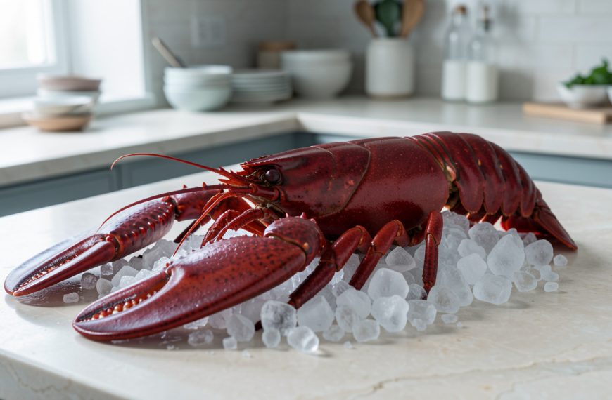 Langouste fraîche entière à la carapace brillante, posée sur un lit de glace dans une cuisine élégante éclairée par une lumière naturelle douce.