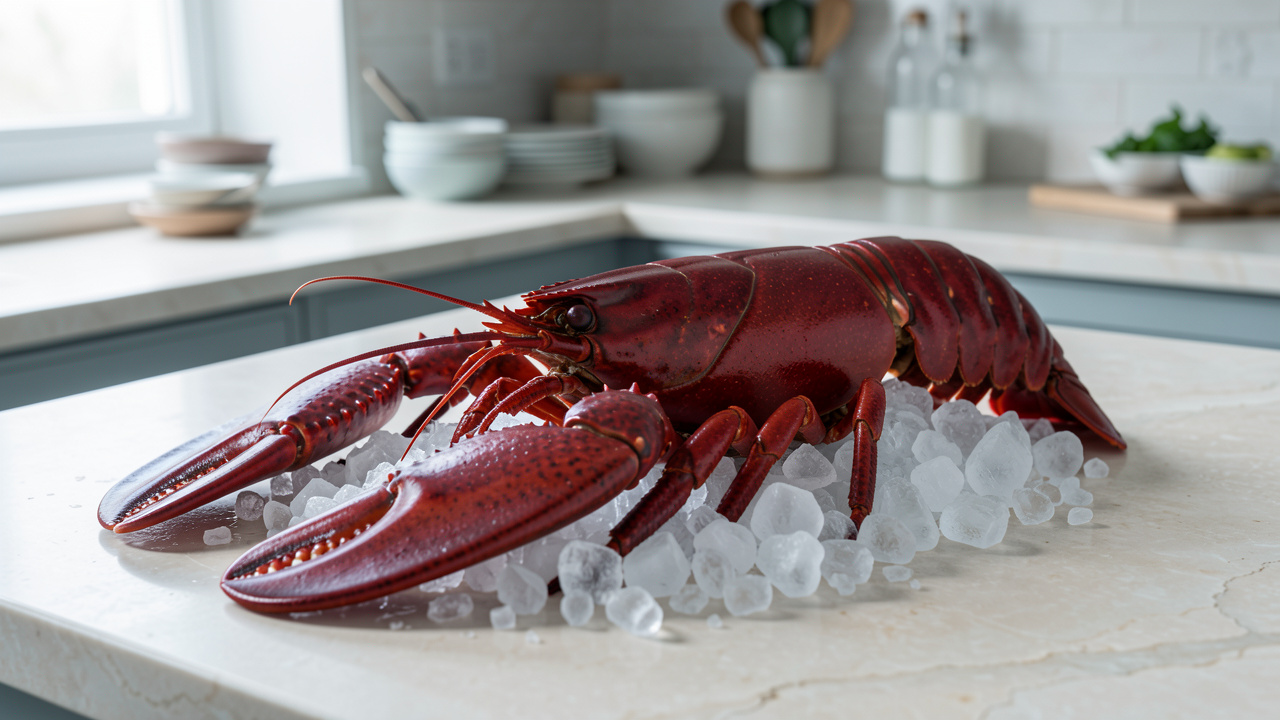 Langouste fraîche entière à la carapace brillante, posée sur un lit de glace dans une cuisine élégante éclairée par une lumière naturelle douce.