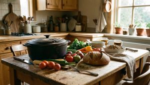 Cuisine familiale chaleureuse avec une cocotte en fonte, des légumes de saison, du pain rustique et une table en bois éclairée par la lumière naturelle.