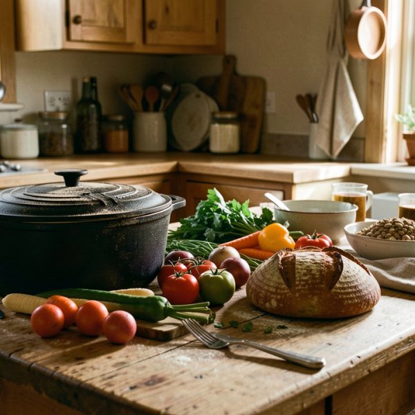 Cuisine familiale chaleureuse avec une cocotte en fonte, des légumes de saison, du pain rustique et une table en bois éclairée par la lumière naturelle.