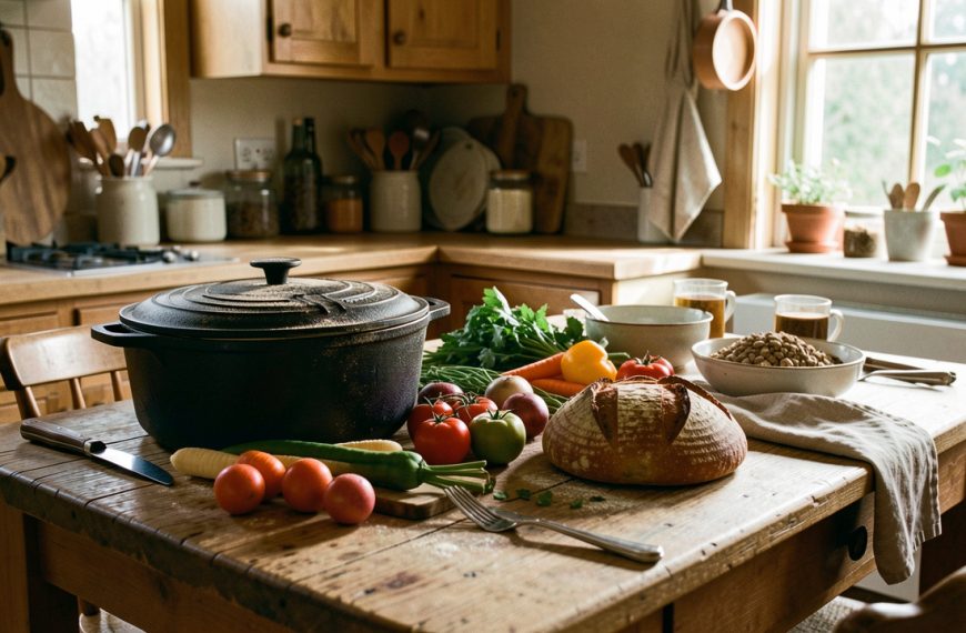 Cuisine familiale chaleureuse avec une cocotte en fonte, des légumes de saison, du pain rustique et une table en bois éclairée par la lumière naturelle.