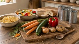 Table de cuisine lumineuse présentant des légumes imparfaits, des pâtes, des conserves sans étiquette et du pain rassis pour préparer un repas familial antigaspi.
