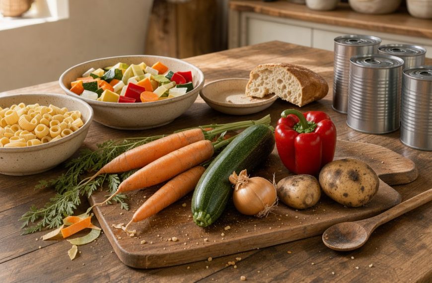 Table de cuisine lumineuse présentant des légumes imparfaits, des pâtes, des conserves sans étiquette et du pain rassis pour préparer un repas familial antigaspi.